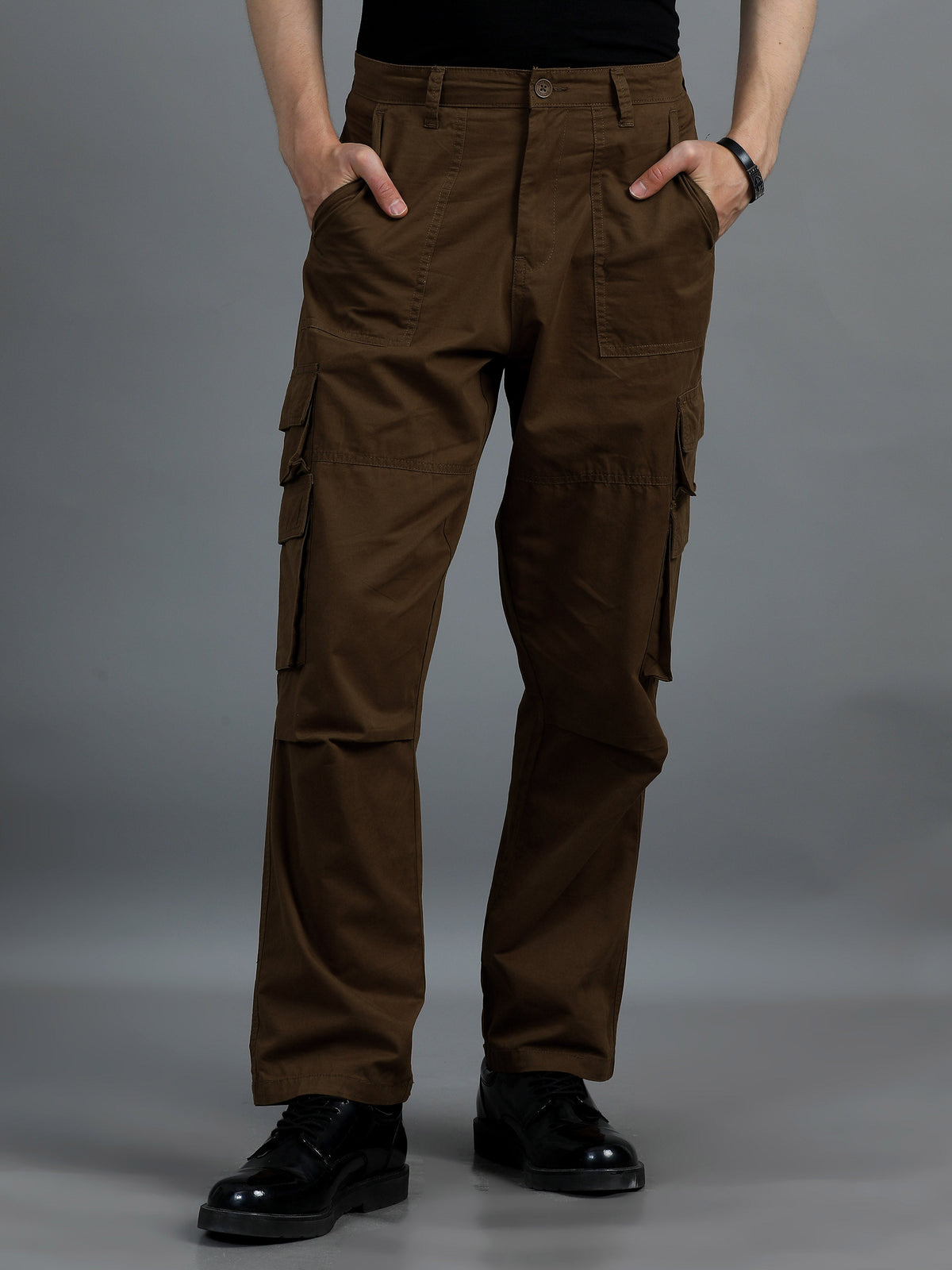 Men 2 Cotton Relaxed Fit Cargo Trousers, Charcoal Grey Brown