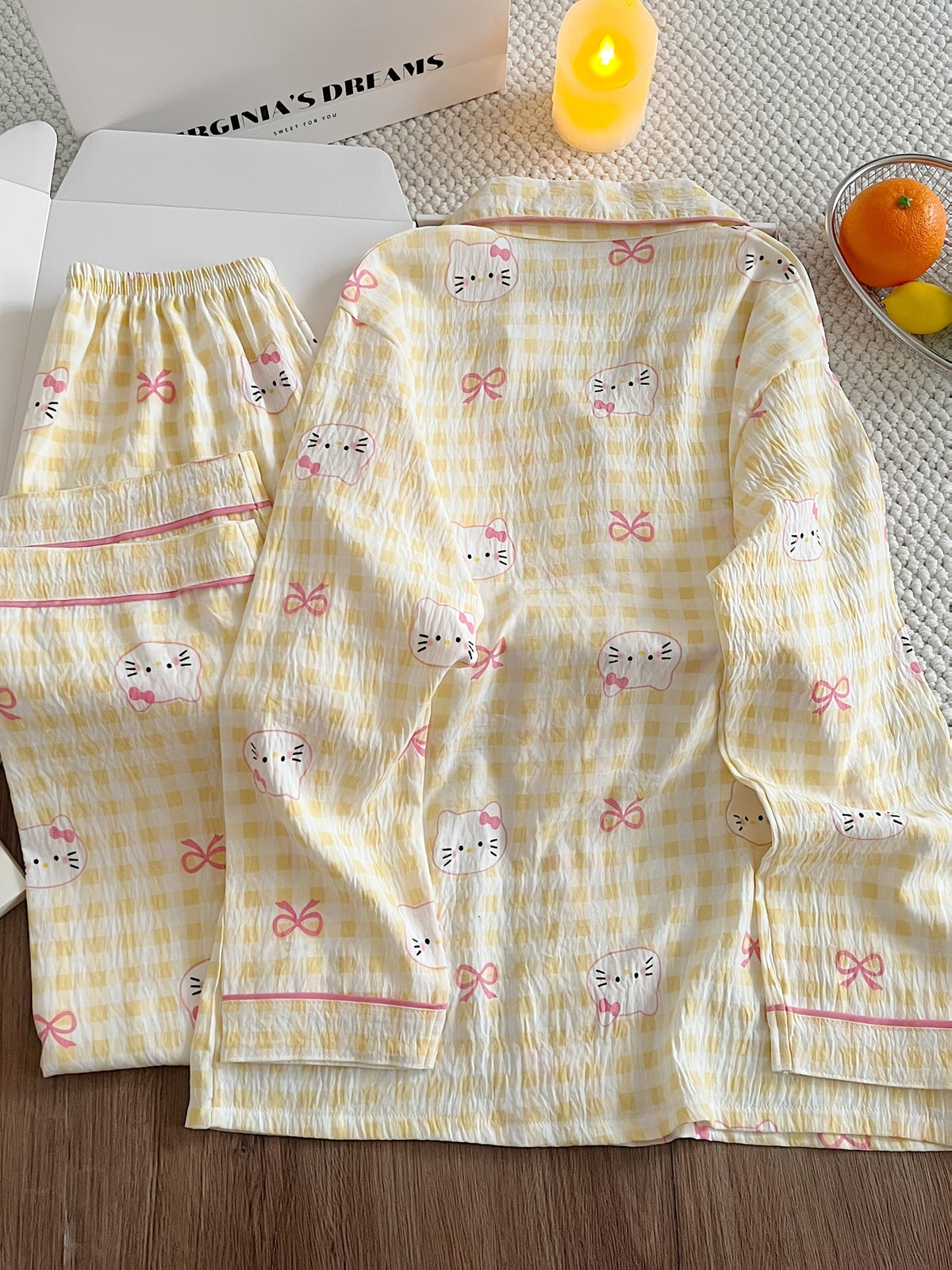 Yellow Gingham Kitty Pajama Set – Button Shirt & Pants