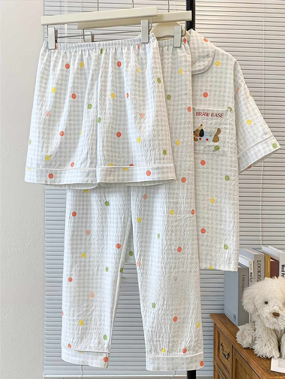 Polka Dot Pajama Set with Puppy Pocket – Shirt & Pants