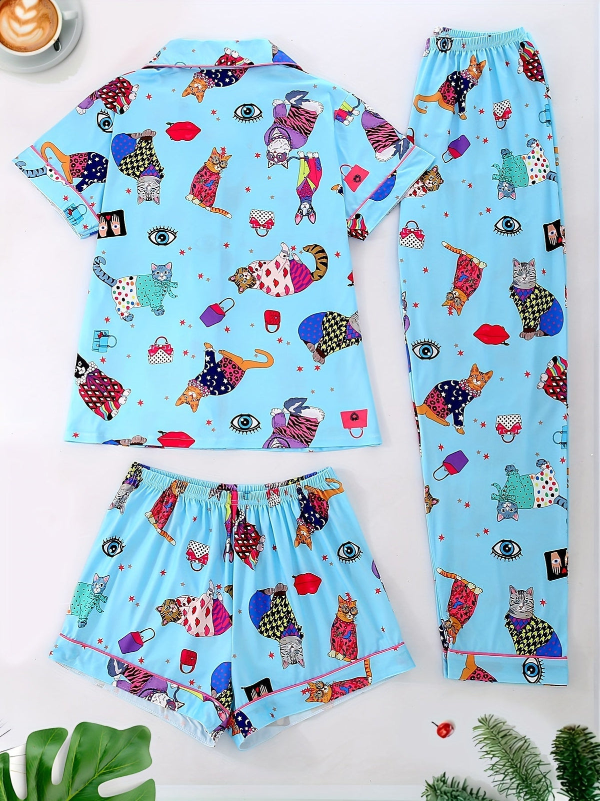 Quirky Cat Party Nightwear Set (3-Piece Combo)