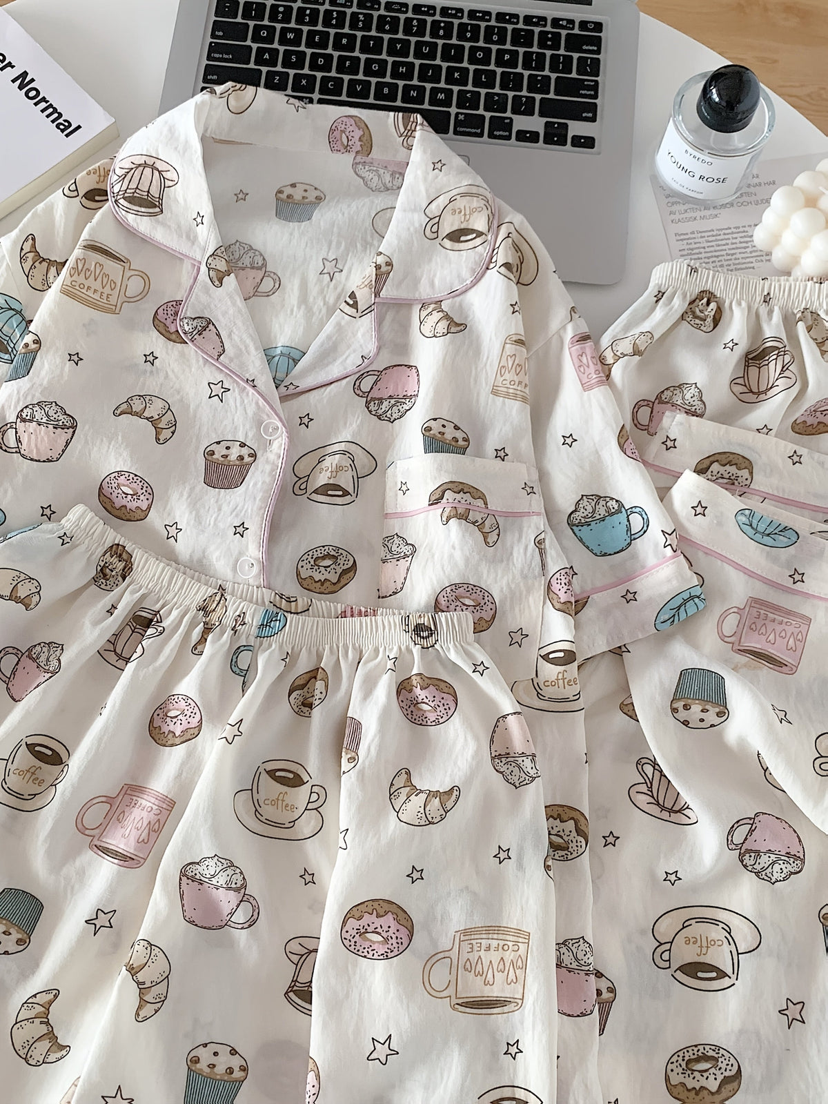 Coffee & Donuts Print Pajama Set – Shirt, Shorts & Pants