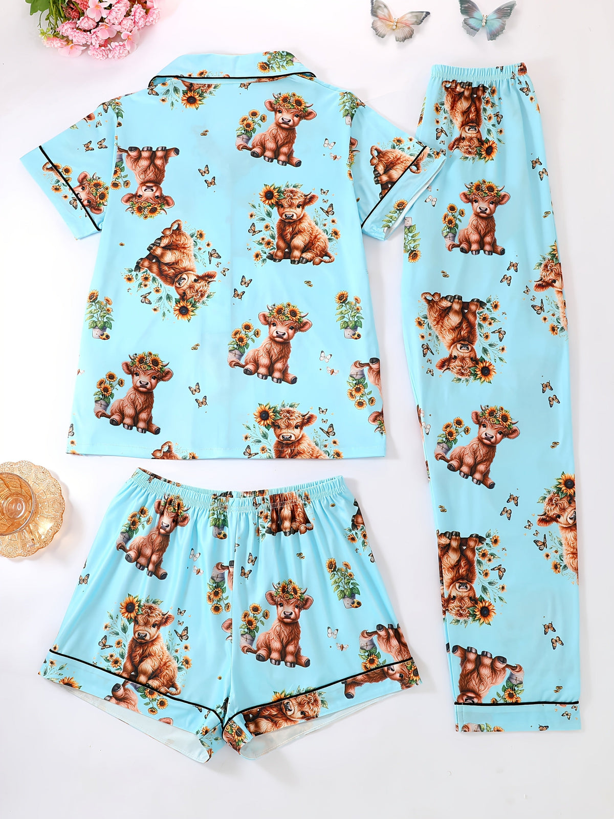 Sunny Highland Cow Nightwear Set (3-Piece Combo)