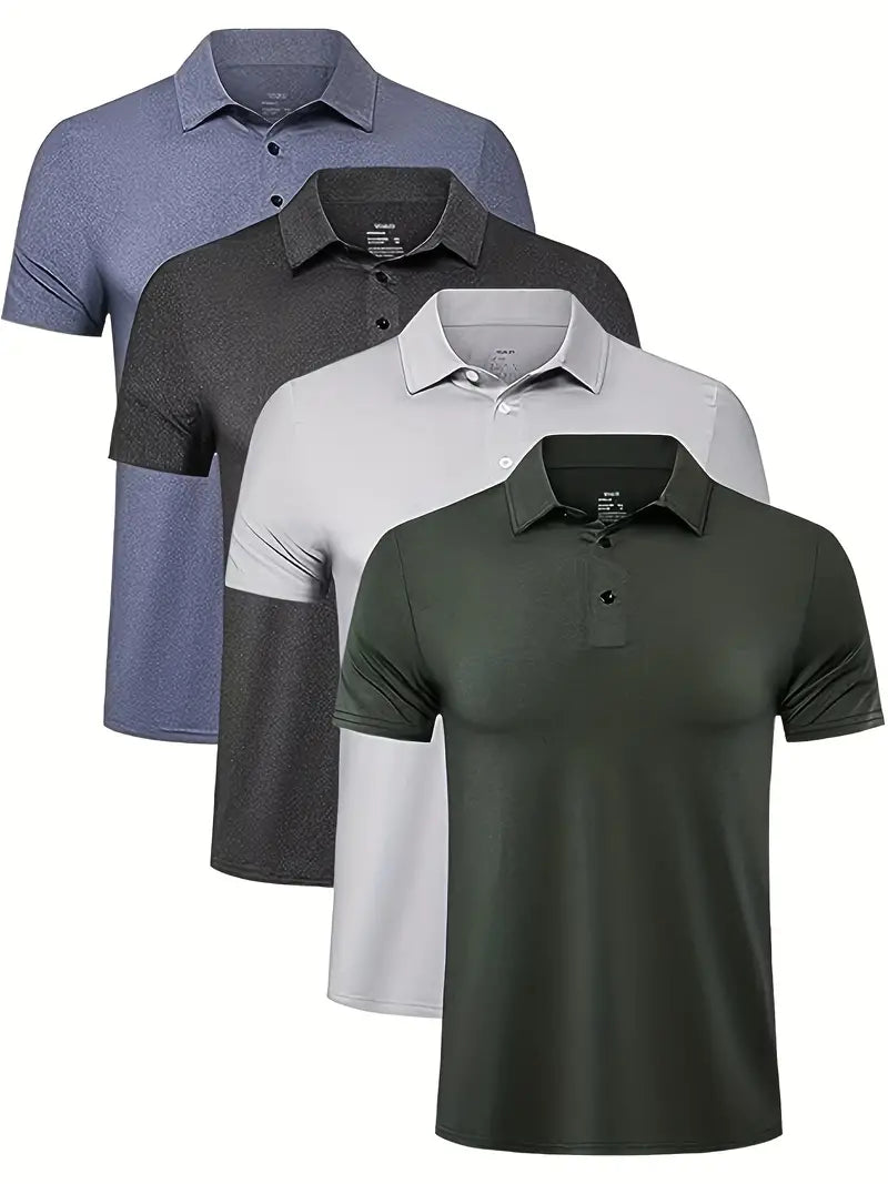 4pcs Men's Trendy Quick Dry Shirt, Active Slightly Stretch Breathable Lapel Button Up Short Sleeve Shirt For Outdoor