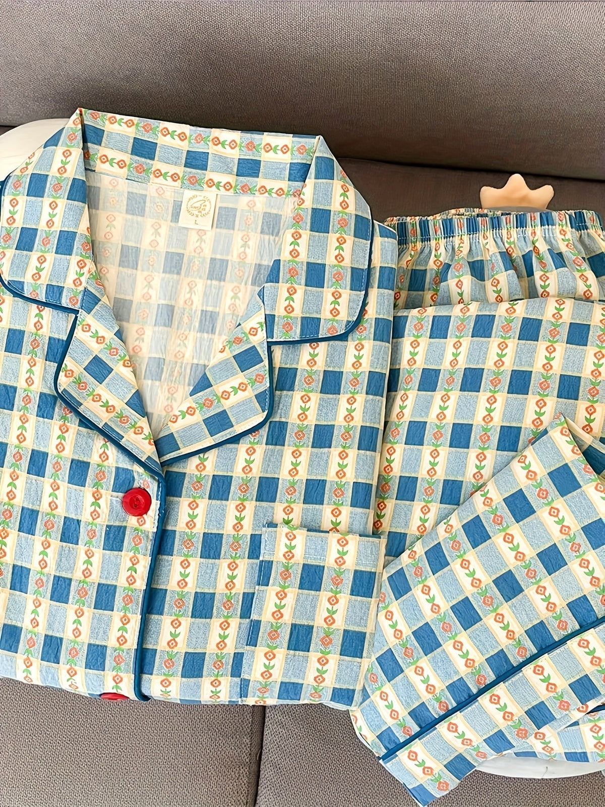 Vintage Blue Check Pajama Set – Button Shirt & Pants