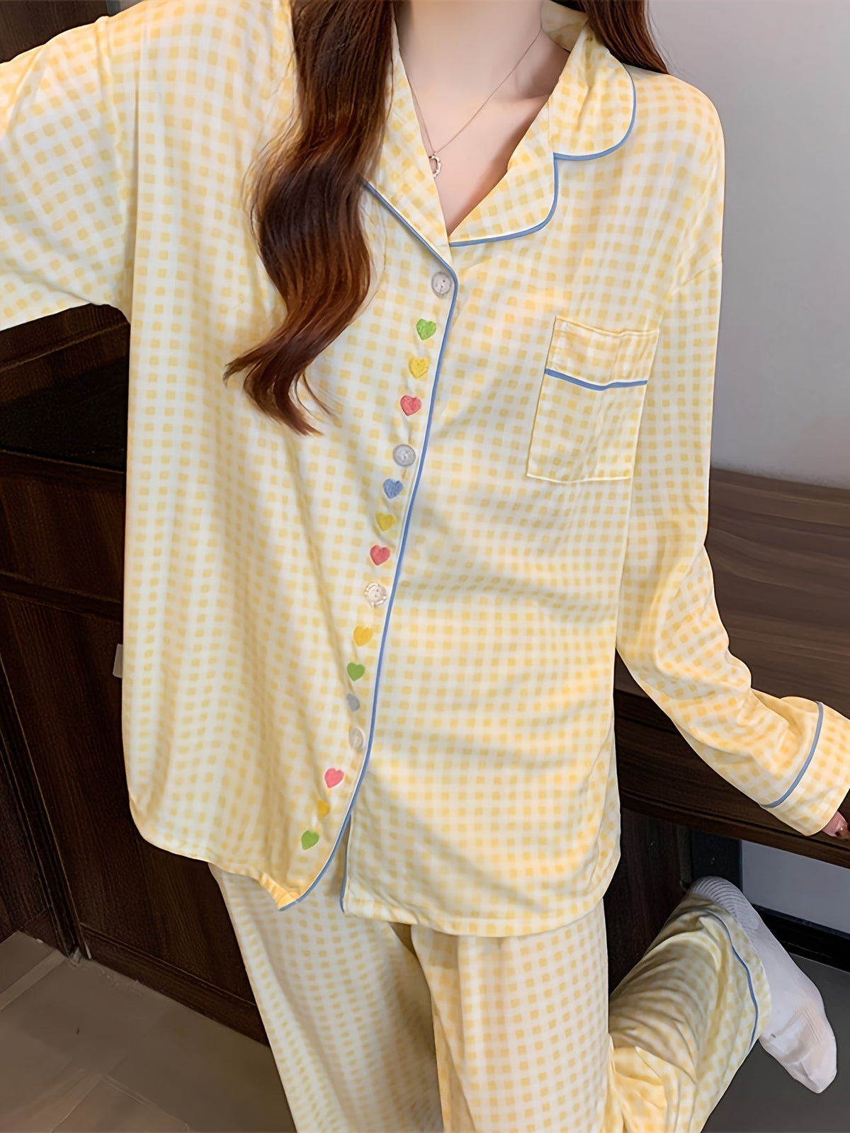 Yellow Gingham Pajama Set with Heart Buttons – Shirt & Pants