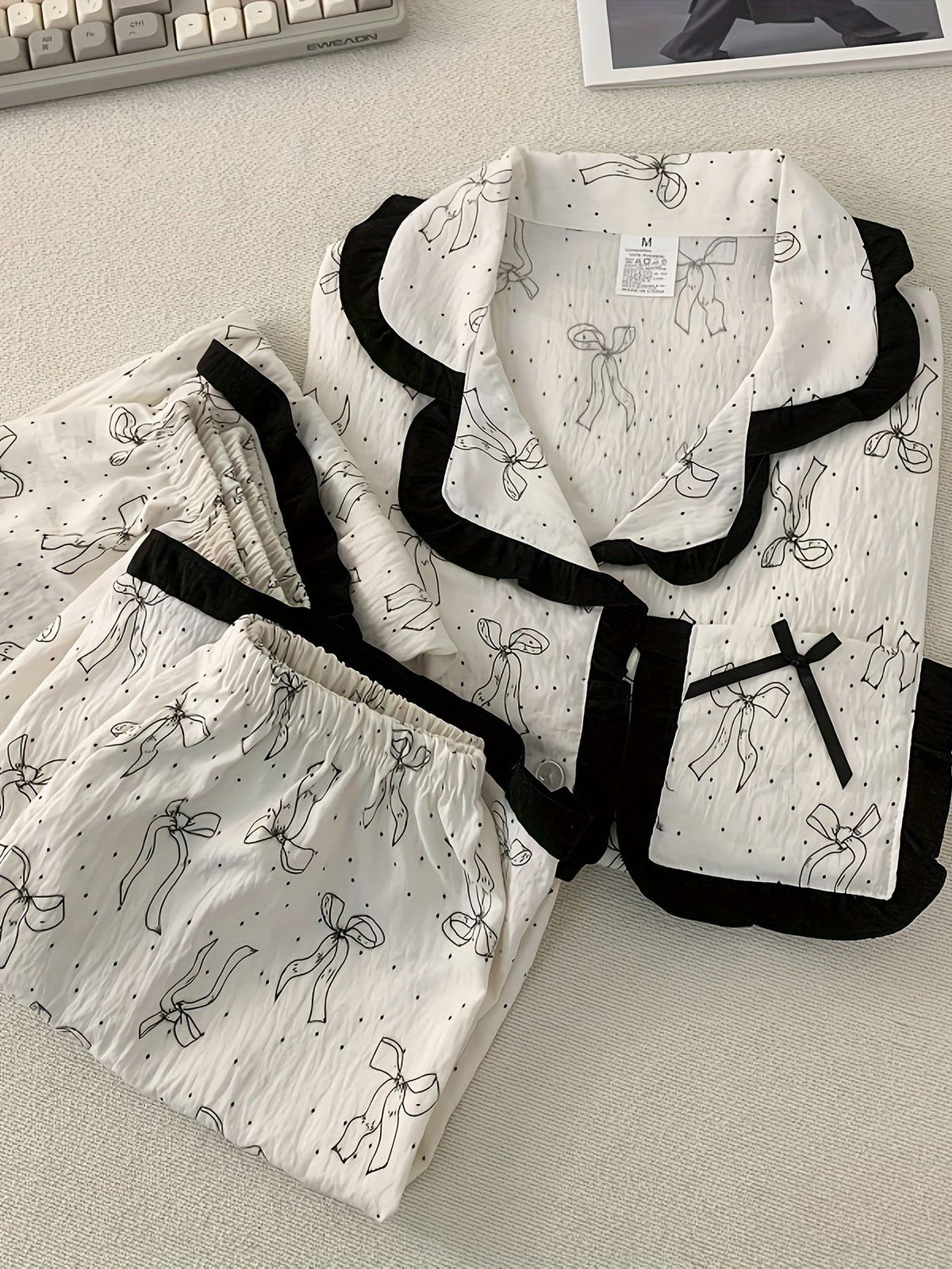 Elegant Bow Print Pajama Set – 3-in-1 (Shirt, Shorts & Pants)