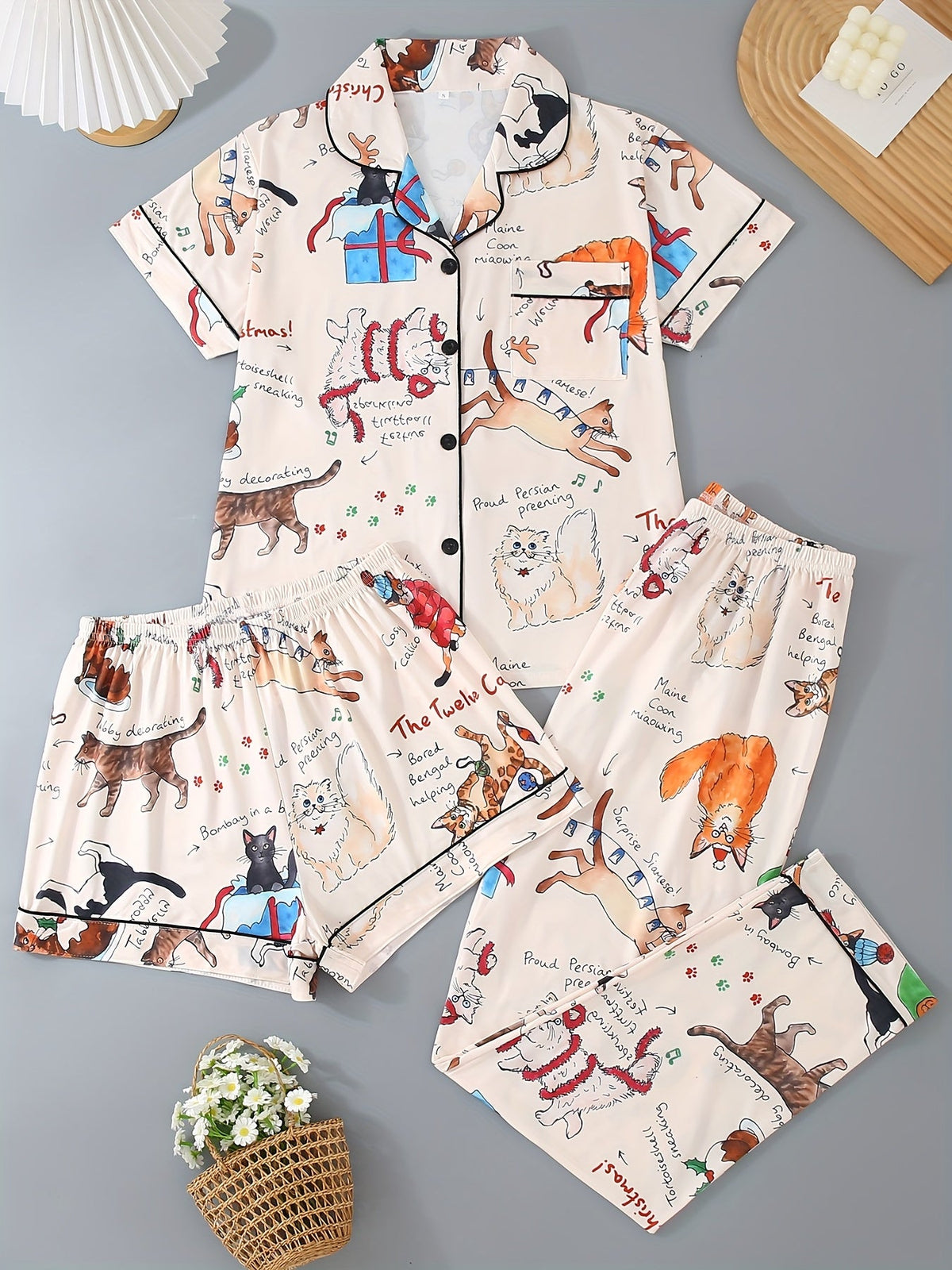 Festive Cat Doodle Satin Nightwear Set (3-Piece Combo)