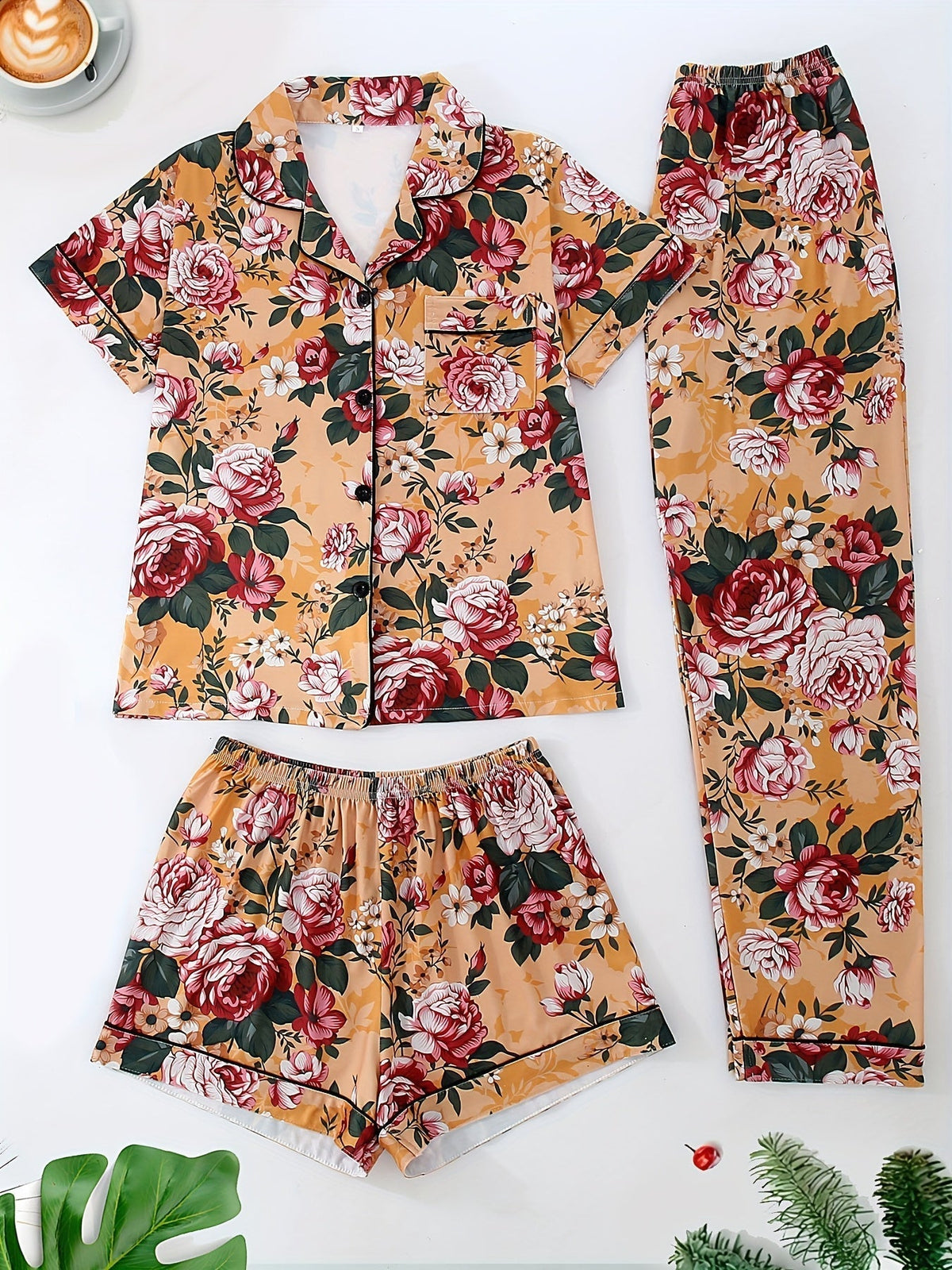 Blossom Elegance Floral Nightwear Set (3-Piece Combo)