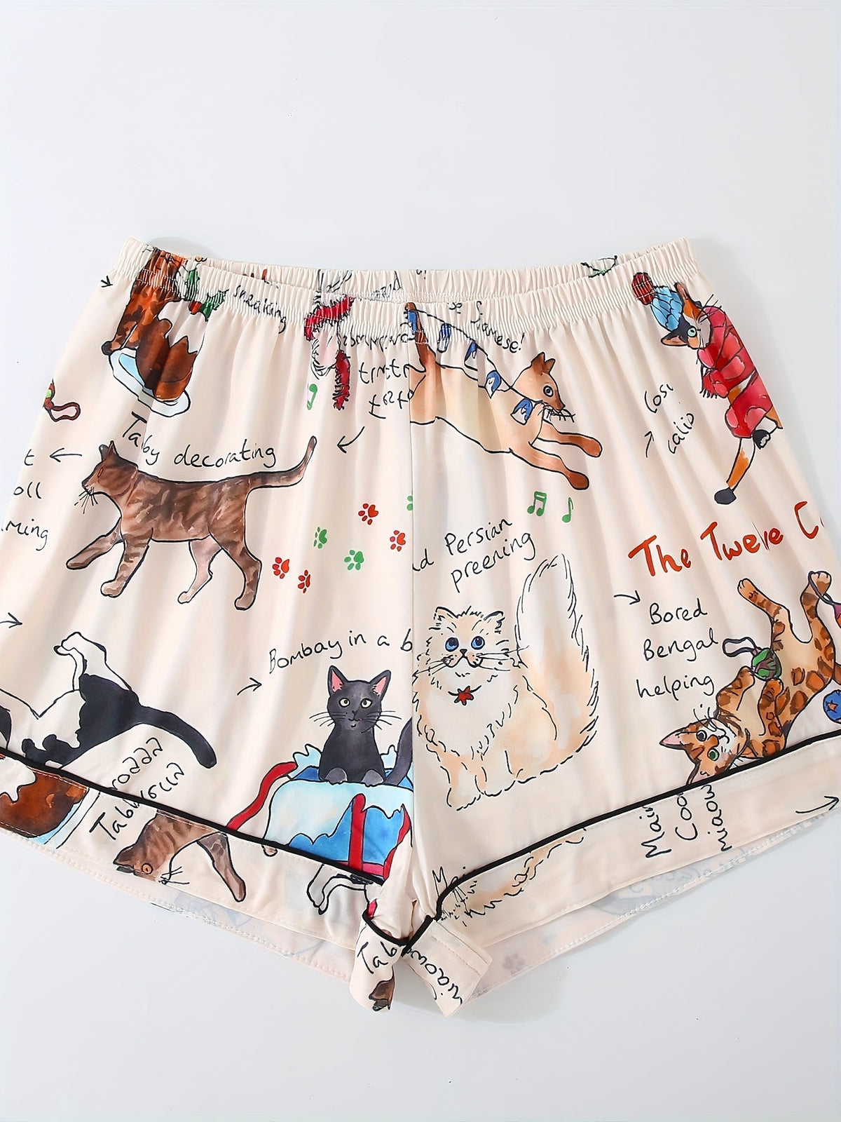 Festive Cat Doodle Satin Nightwear Set (3-Piece Combo)