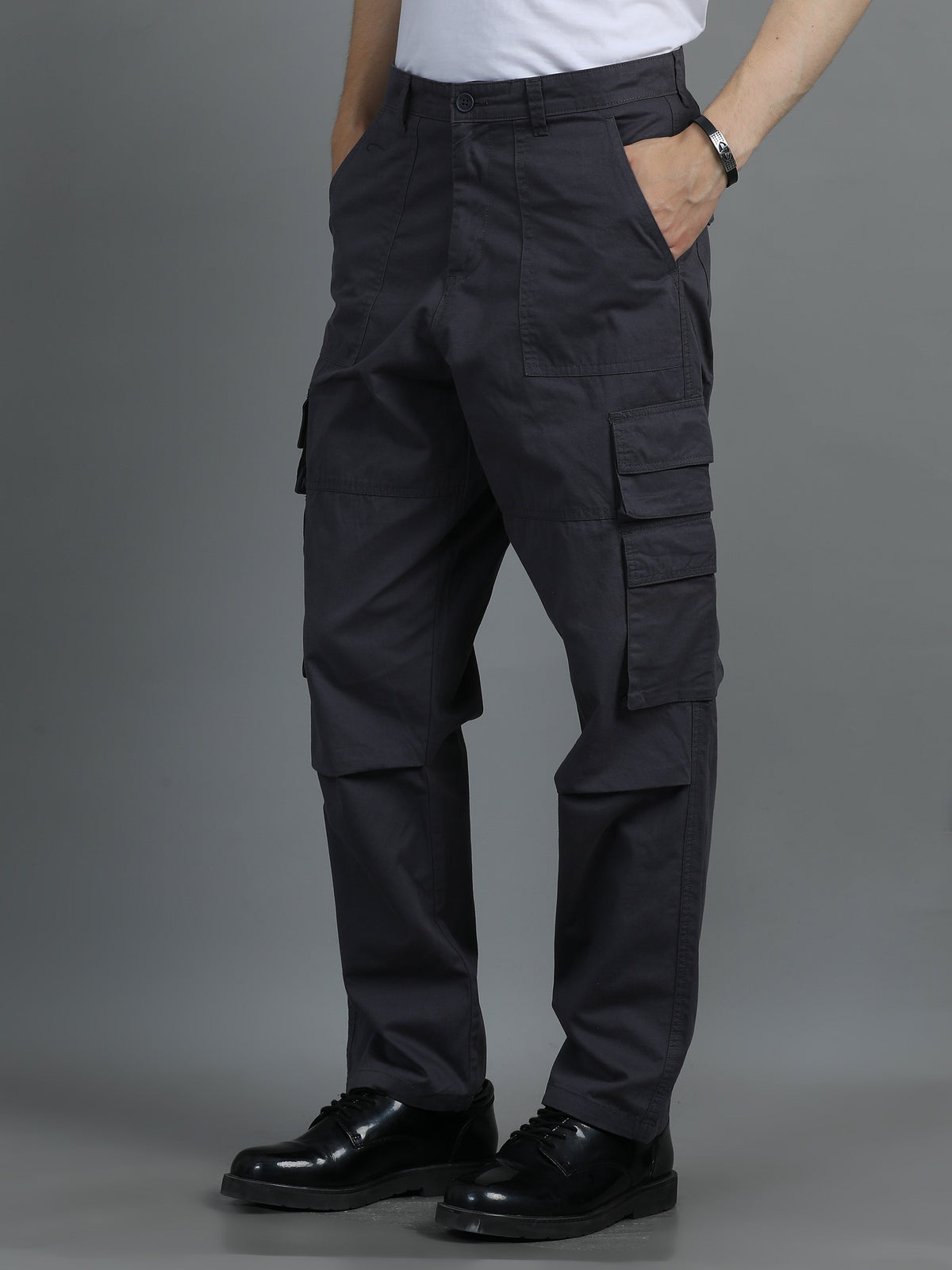 Men 2 Cotton Relaxed Fit Cargo Trousers, Charcoal Grey Black
