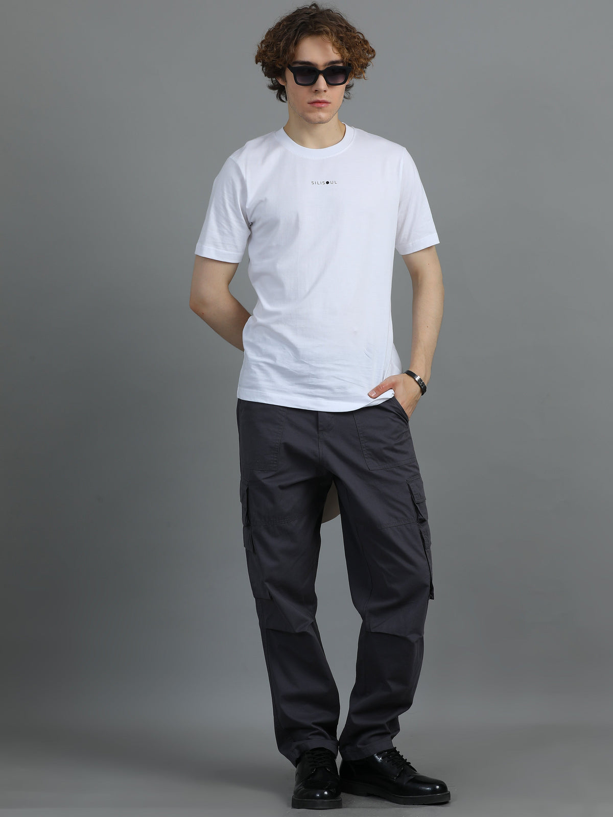 Men 2 Cotton Relaxed Fit Cargo Trousers, Charcoal Grey Brown