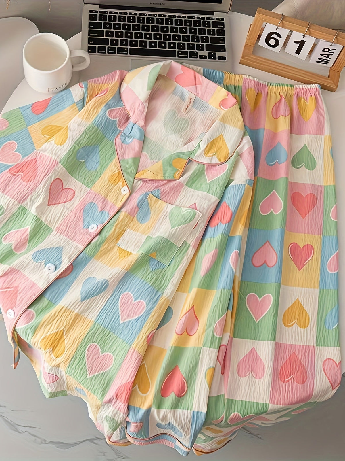 Pastel Heart Print Pajama Set – Button Shirt & Pants