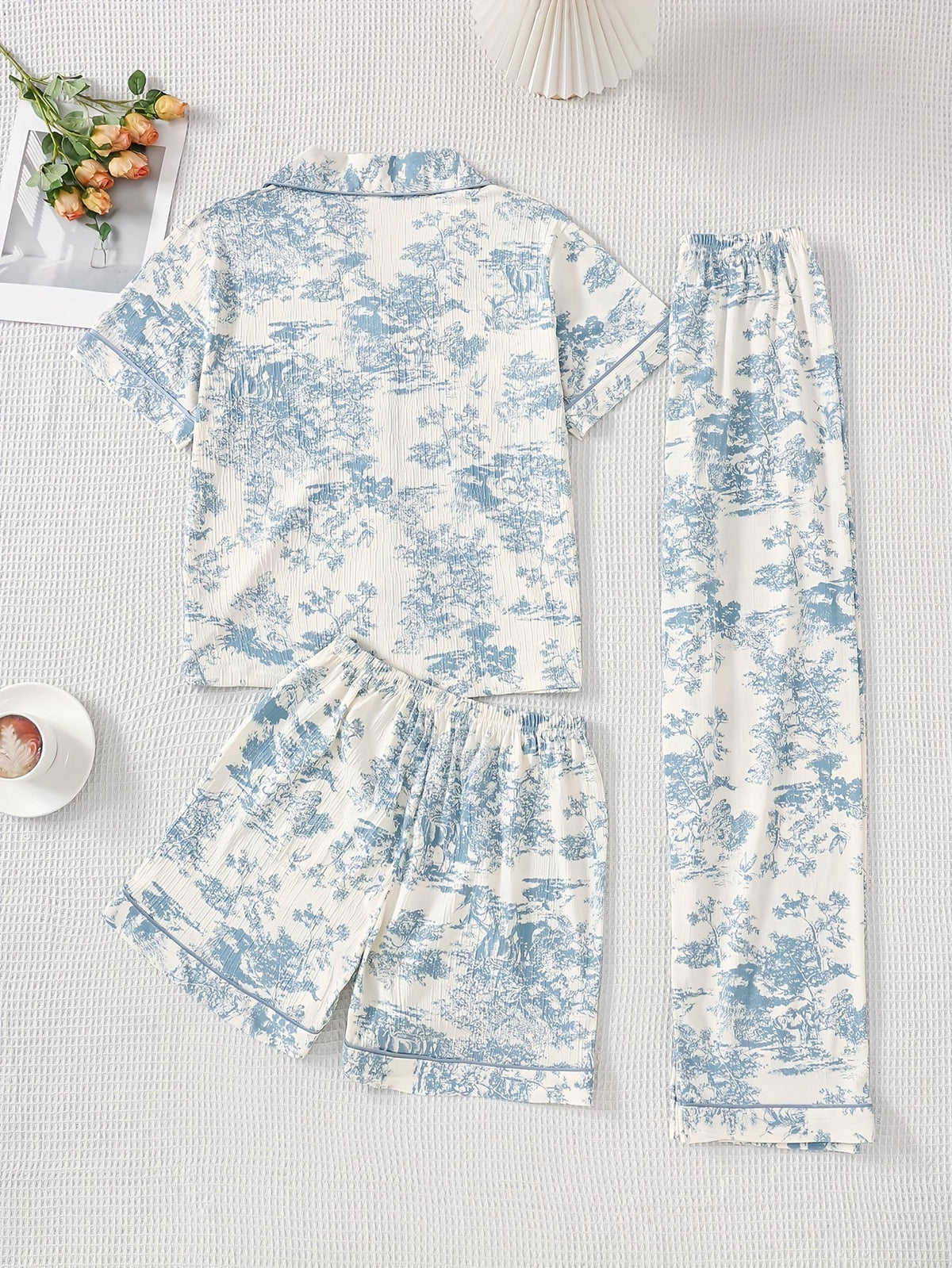 Women’s 3-Piece Printed Pajama Set (Shirt + Pajama + Shorts)