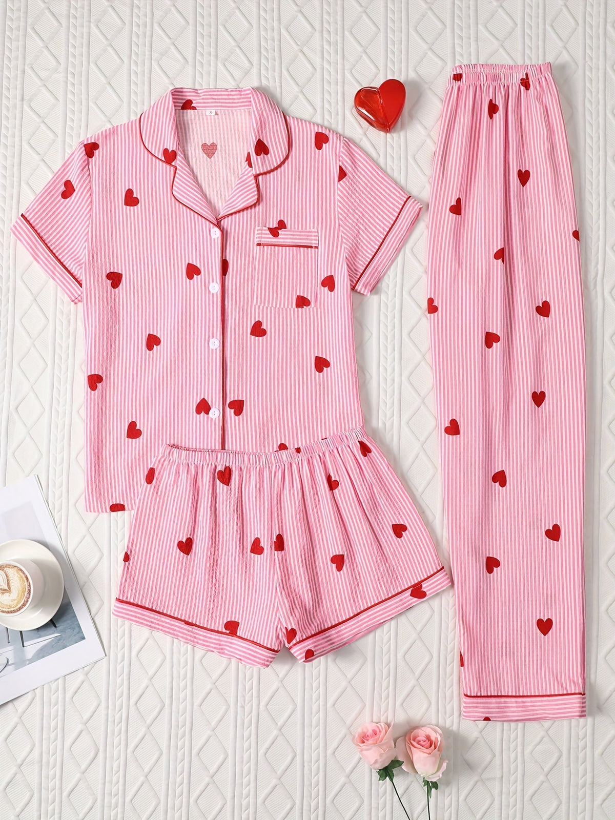 Candy Stripe Hearts Nightwear Set (3-Piece Combo)