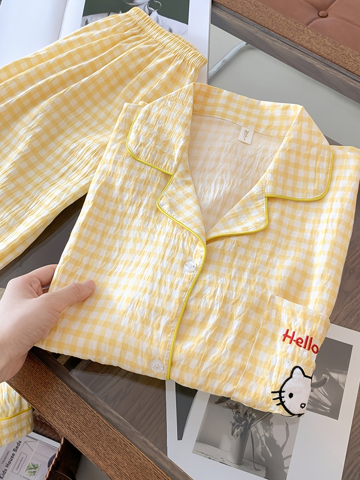 Yellow Gingham Hello Kitty Pajama Set – Shirt & Pants