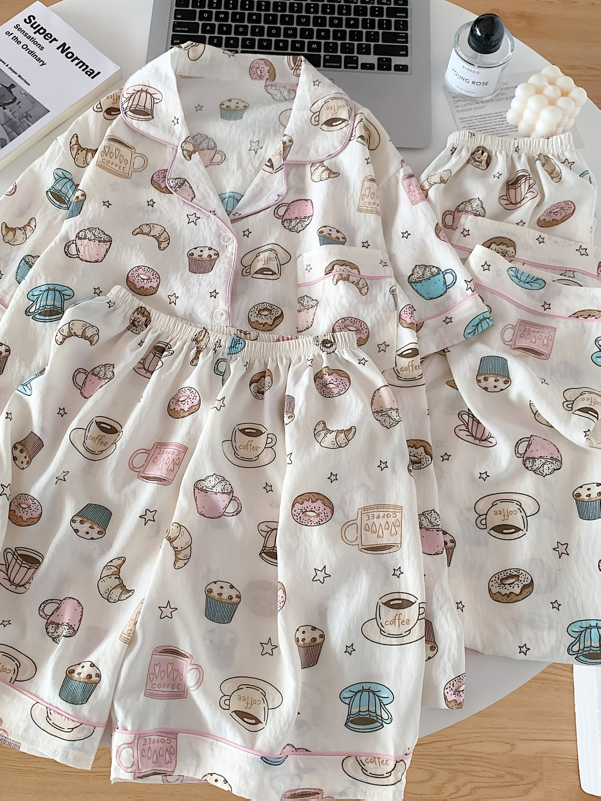 Coffee & Donuts Print Pajama Set – Shirt, Shorts & Pants
