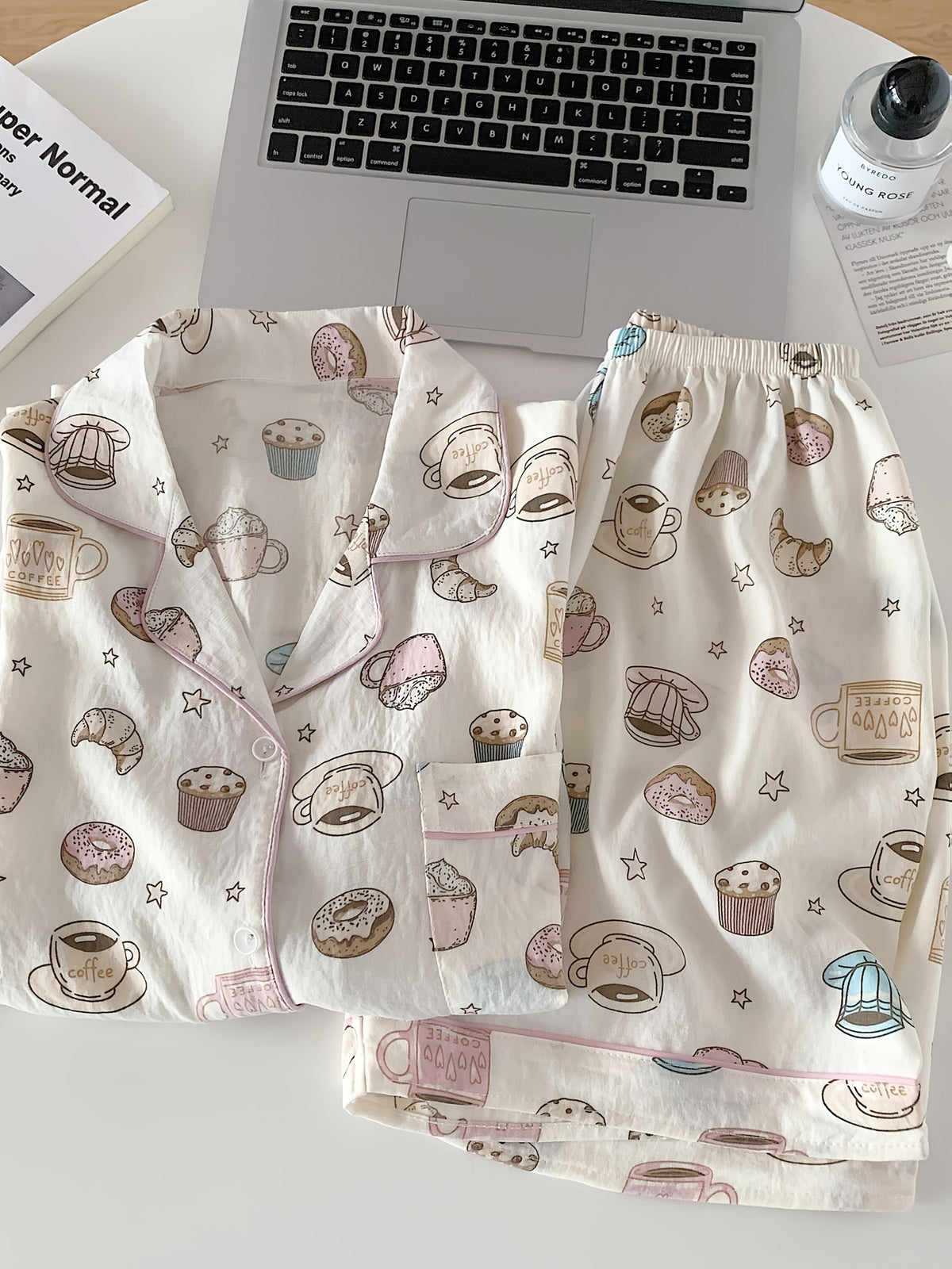 Coffee & Donuts Print Pajama Set – Shirt, Shorts & Pants