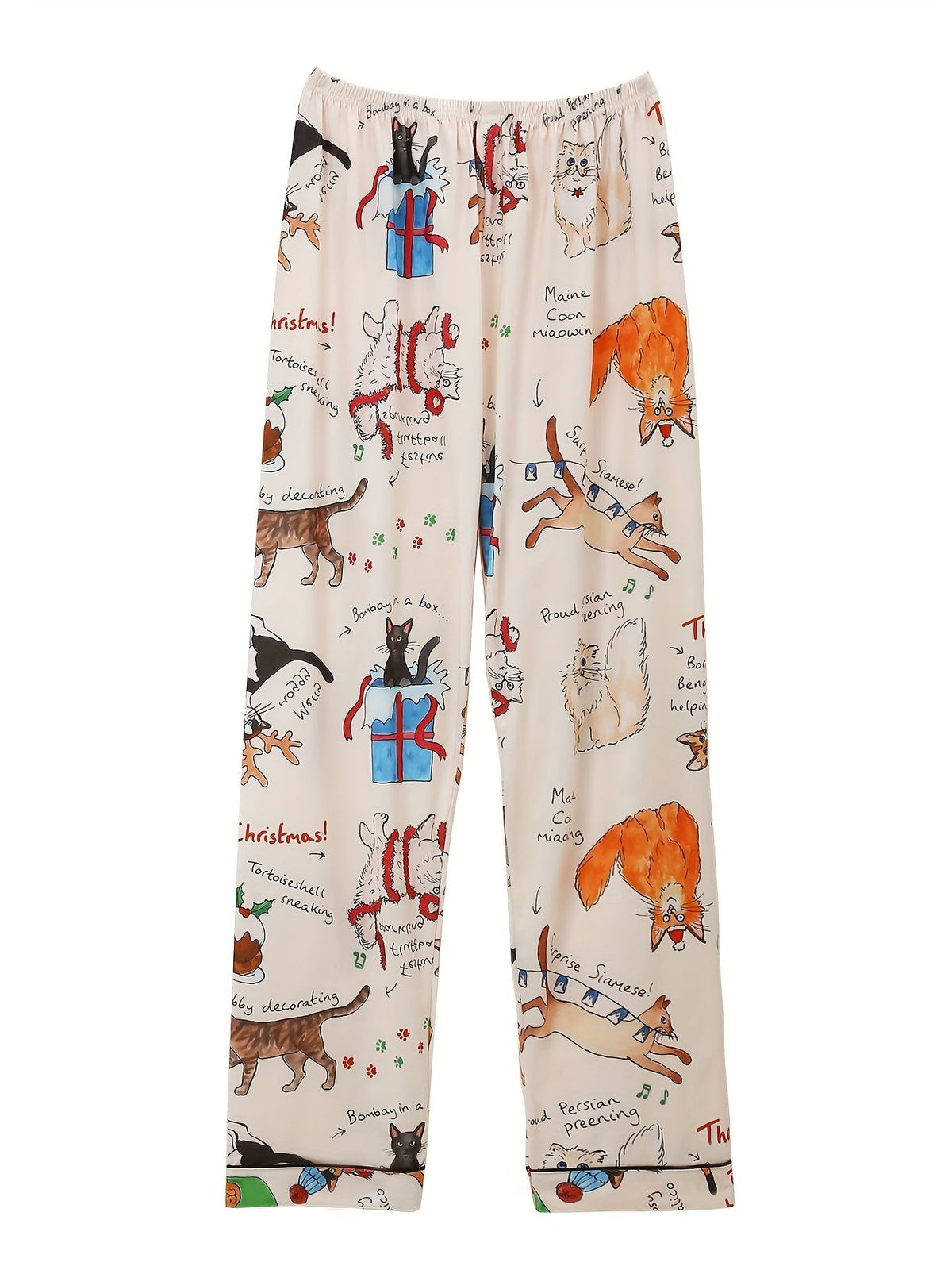 Festive Cat Doodle Satin Nightwear Set (3-Piece Combo)