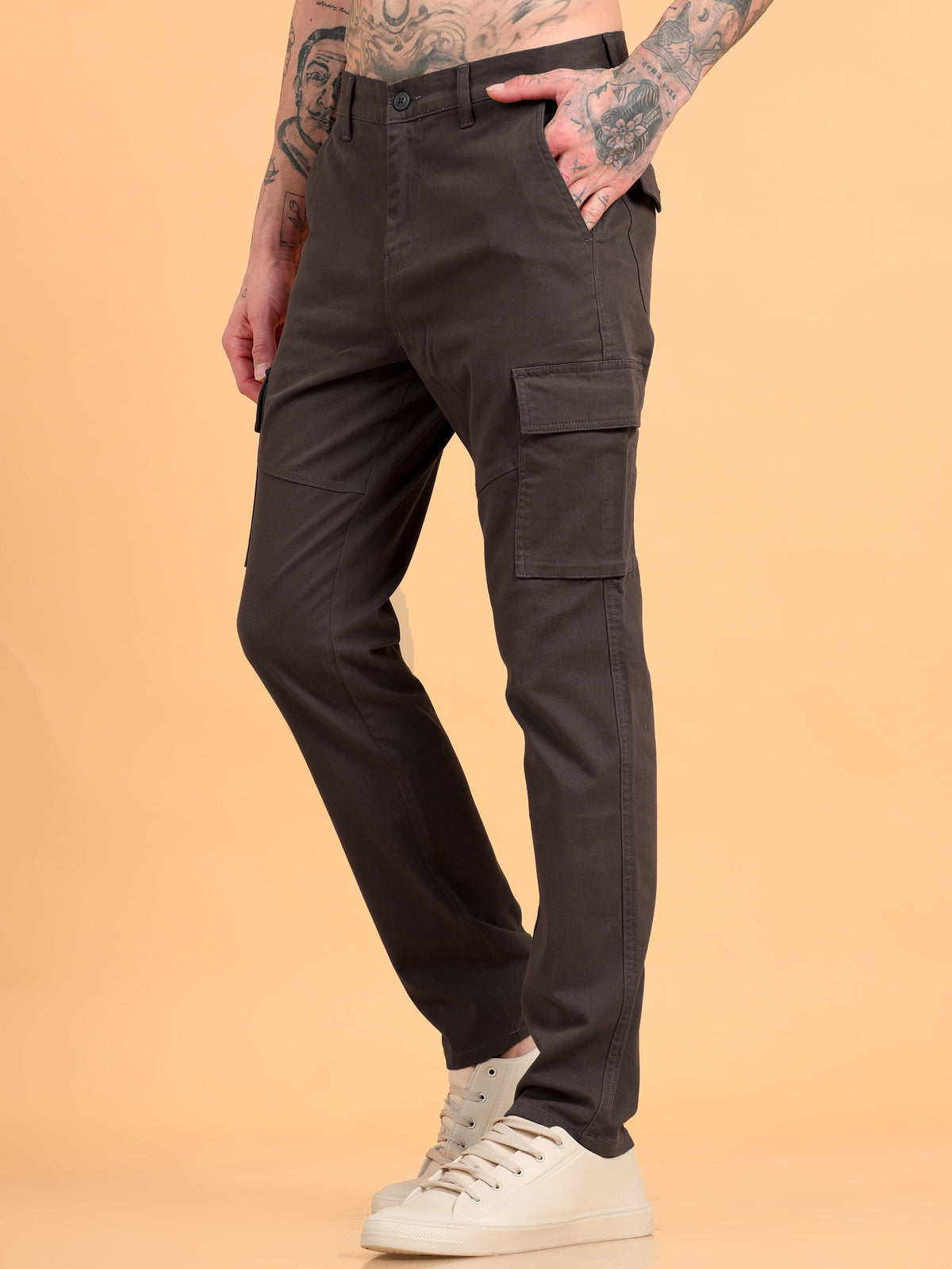 Men 2 Cotton Regular Fit Cargo Trousers, GRAPHITE GREY BROWN