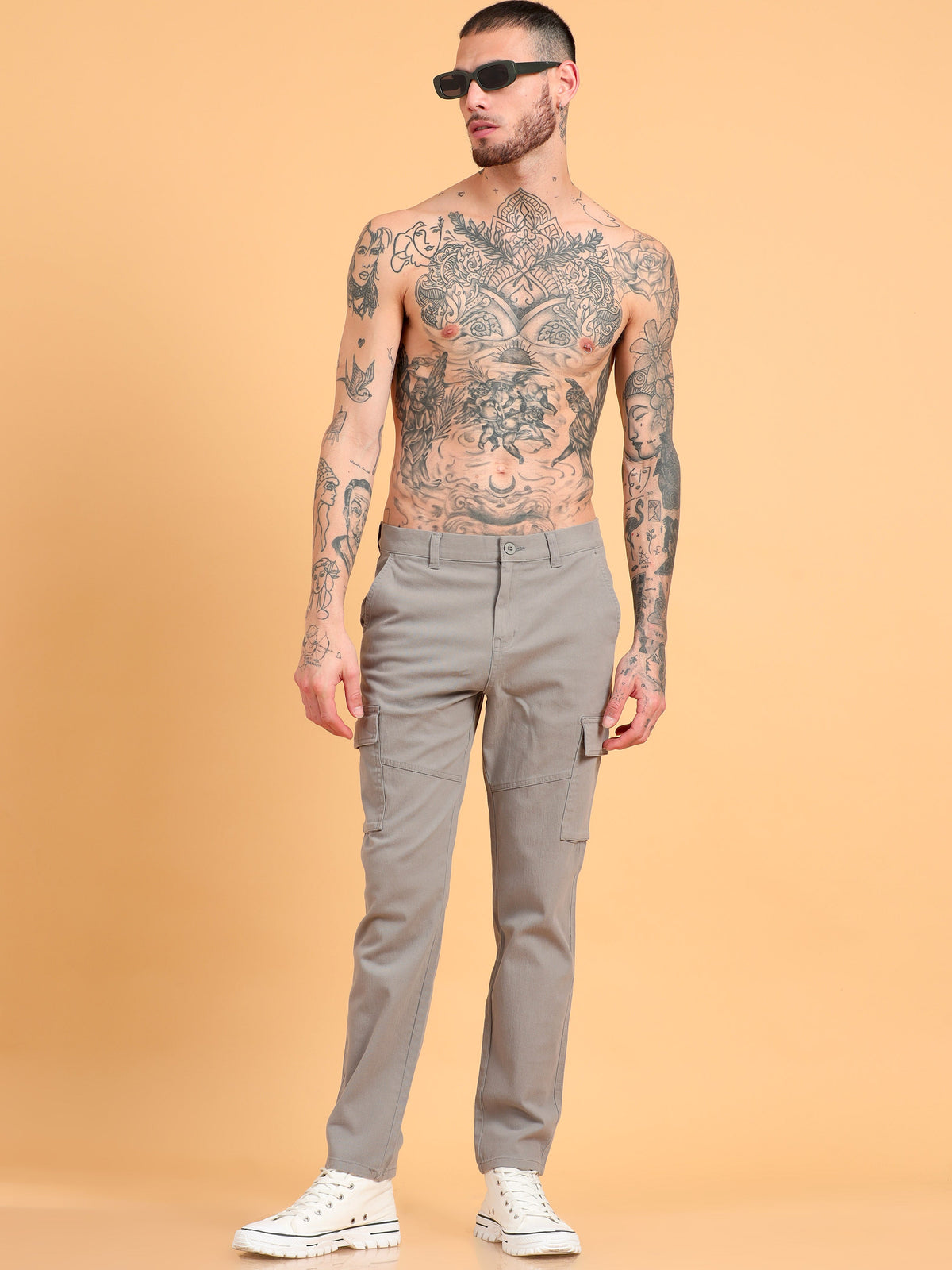Men 2 Cotton Regular Fit Cargo Trousers, KHAKI GRAPHITE GREY