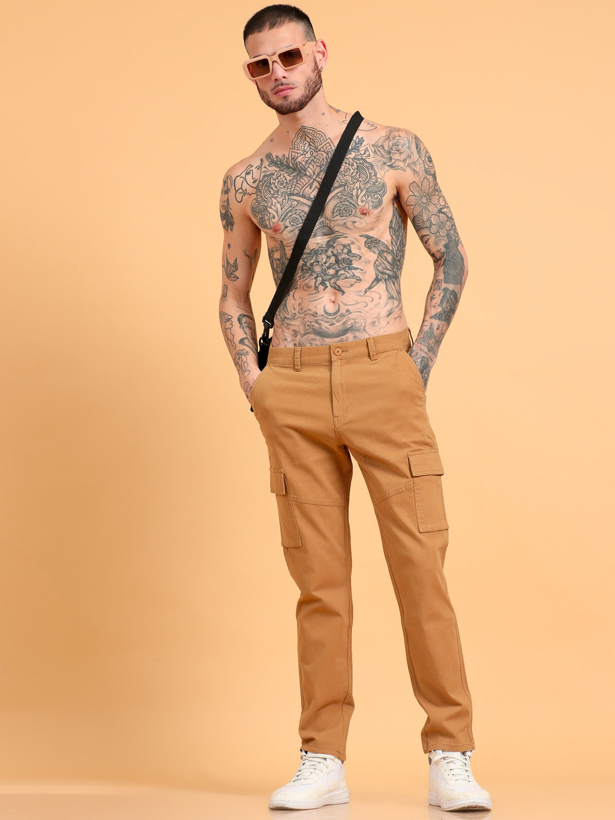 Men 2 Cotton Regular Fit Cargo Trousers, KHAKI GRAPHITE GREY