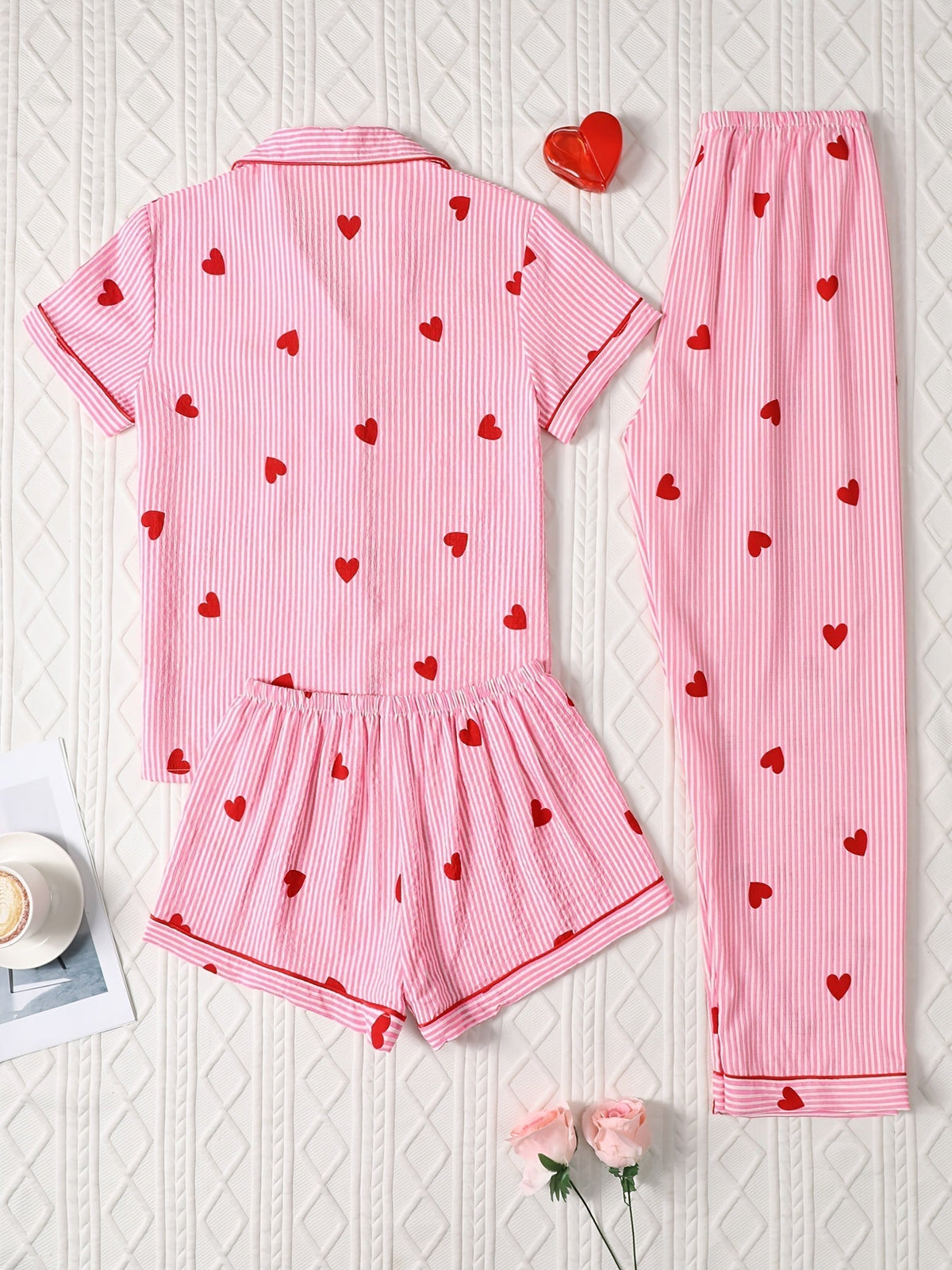 Candy Stripe Hearts Nightwear Set (3-Piece Combo)