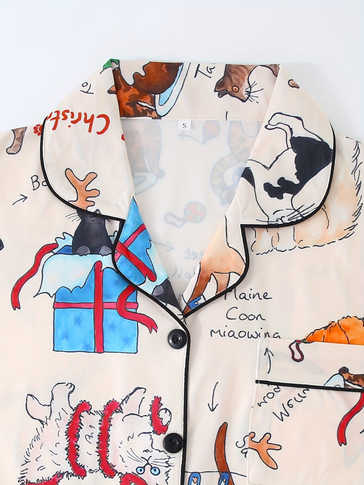 Festive Cat Doodle Satin Nightwear Set (3-Piece Combo)