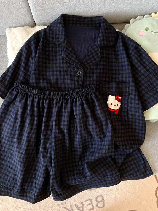 Navy Check Pajama Set with Hello Kitty Pocket – Shirt & Shorts