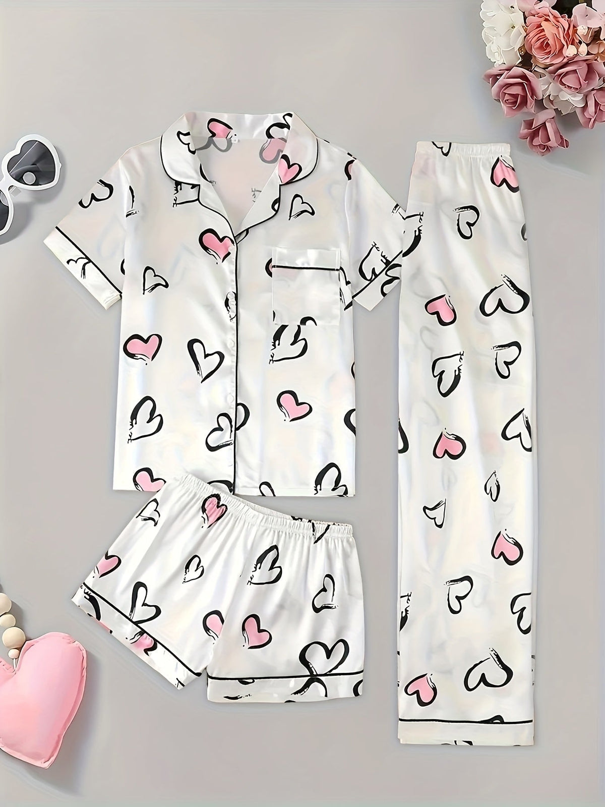 Sweetheart Satin Nightwear Set (3-Piece Combo) 💕✨