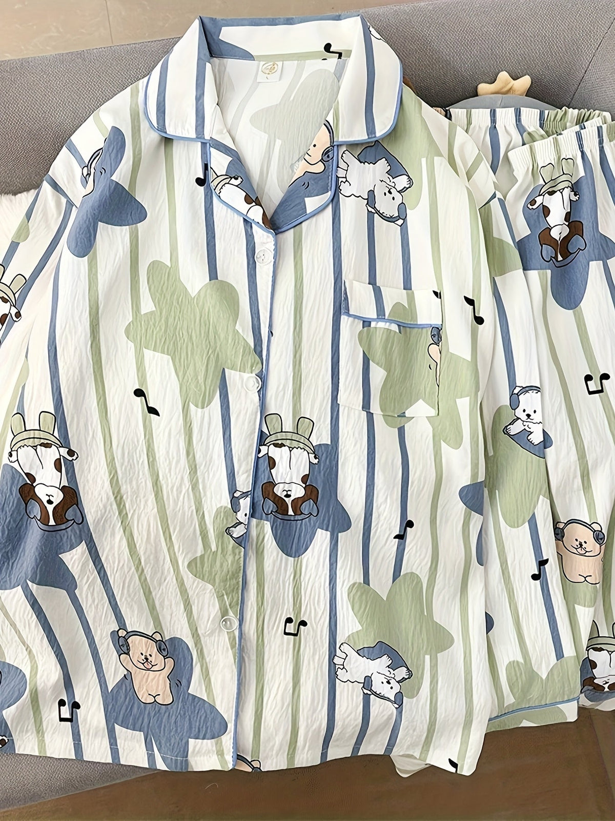 Puppy Print Striped Pajama Set – Shirt & Pants