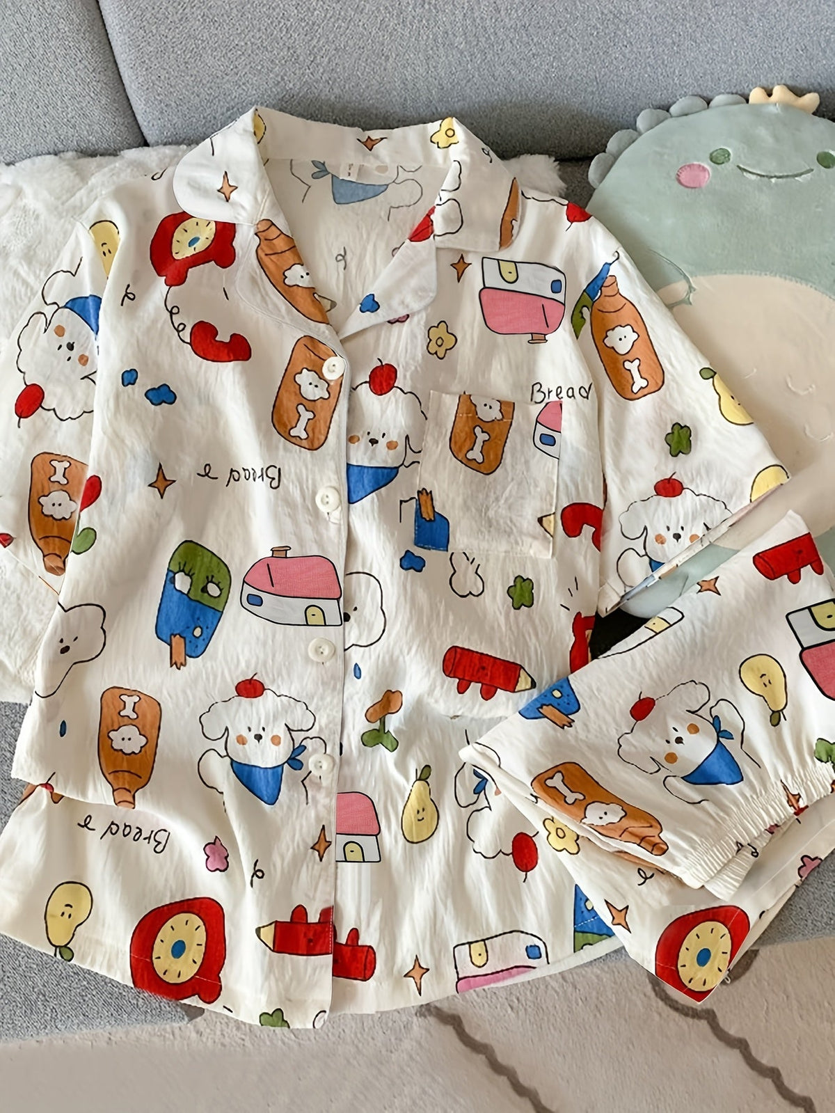 Cartoon Breakfast Print Pajama Set – Shirt & Shorts