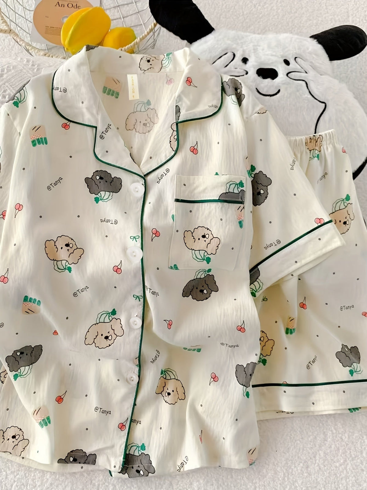 Poodle Puppy Print Pajama Set – Short Sleeve Shirt & Shorts