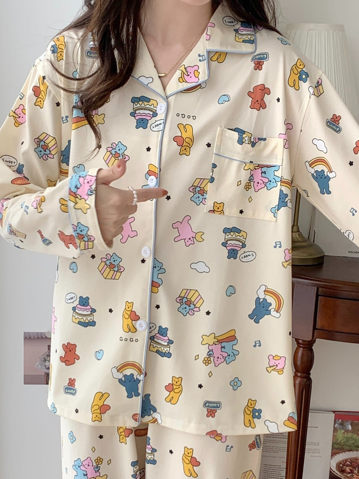 Cartoon Bear & Rainbow Pajama Set – Shirt & Pants
