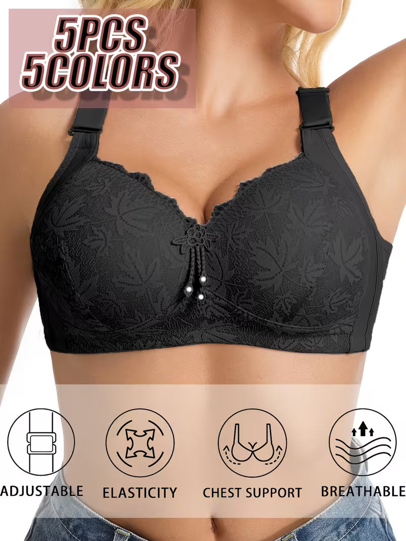 5pcs Full-Coverage Wireless Bras - Wire-Free Moderate Support with -Neck & Leaf Lace Cups, Soft Breathable Underwire-Free Bras Suitable for Daily Wear, Machine Washable Full Coverage for Women
