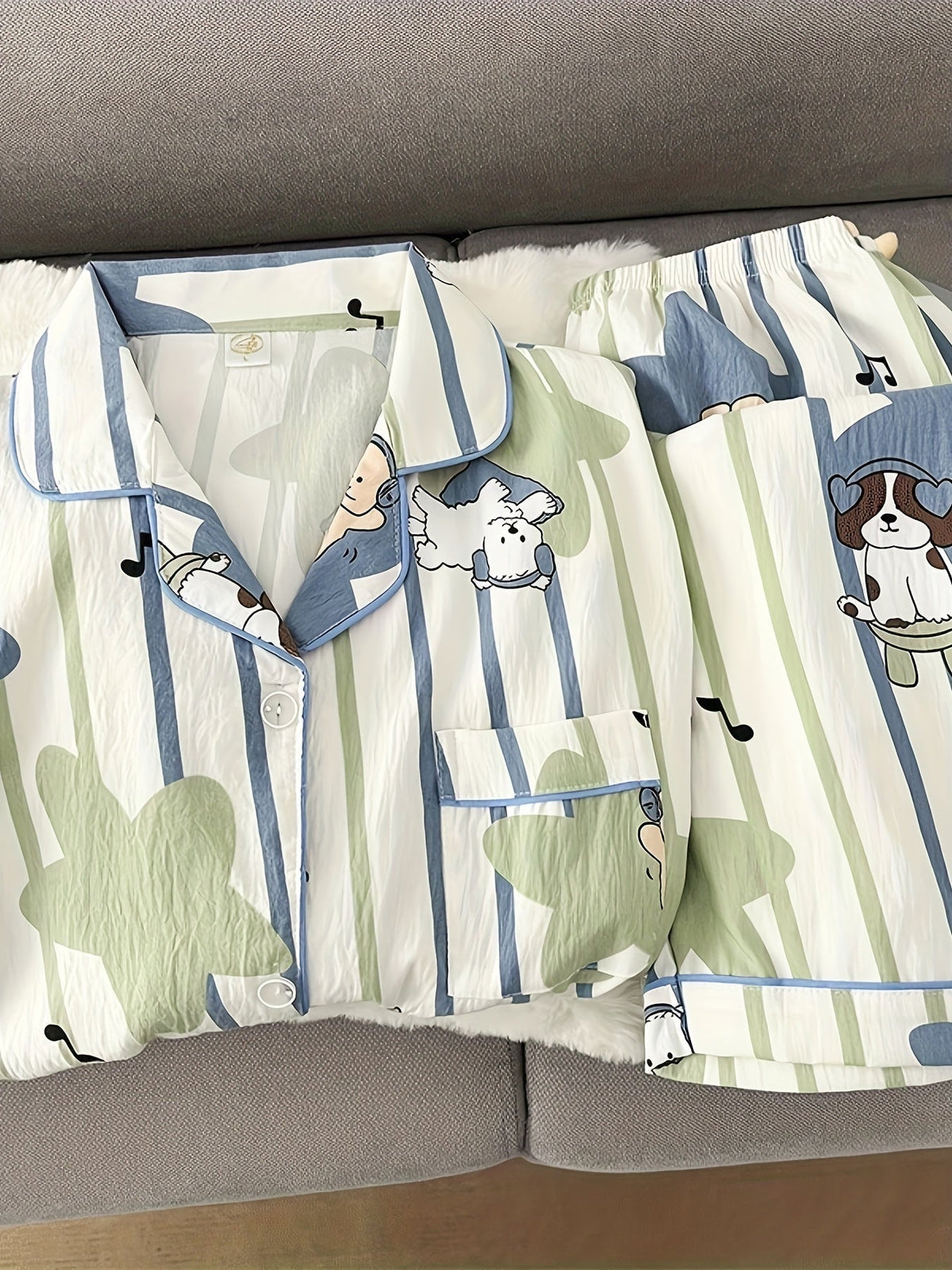 Puppy Print Striped Pajama Set – Shirt & Pants