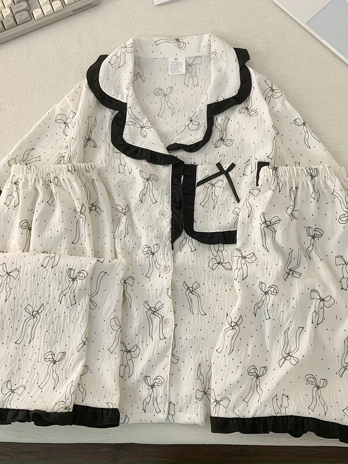 Elegant Bow Print Pajama Set – 3-in-1 (Shirt, Shorts & Pants)